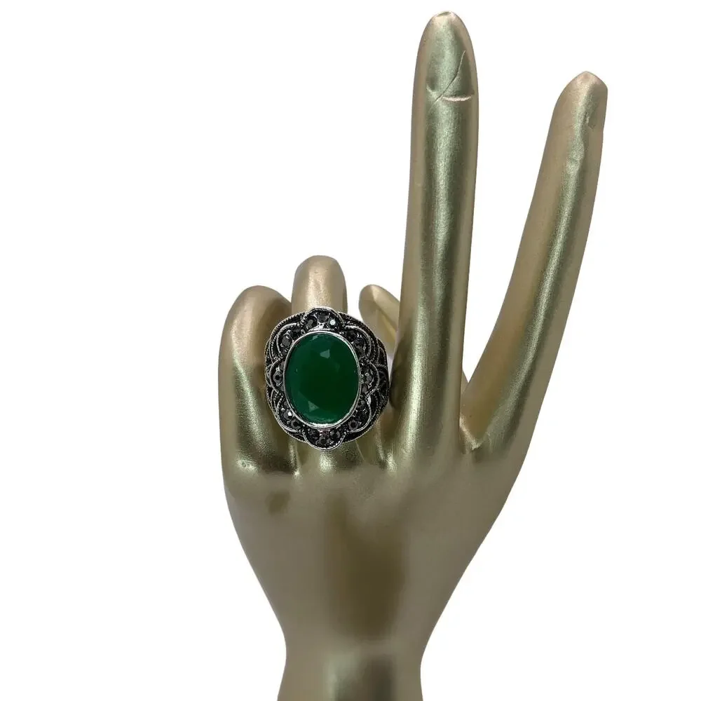 Silver and Green Rhinestone Statement Ring - Size 7